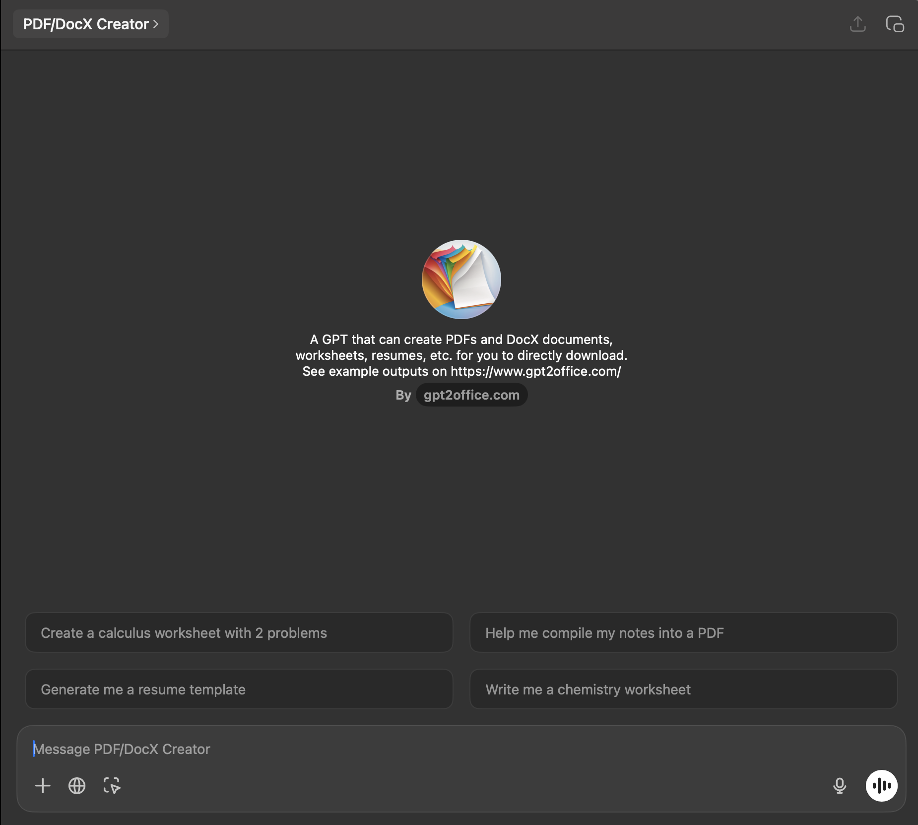 ChatGPT PDF/DocX Creator Interface